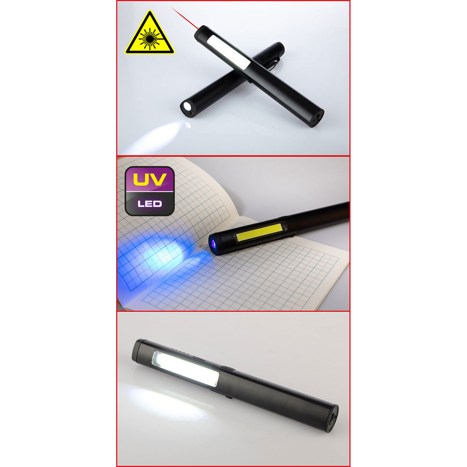 Schwarze Taschenlampen mit verschiedenen Lichteinstellungen, darunter Laser, UV und weiße LED. Sie befinden sich auf einer weißen Oberfläche und einem offenen Notizbuch.