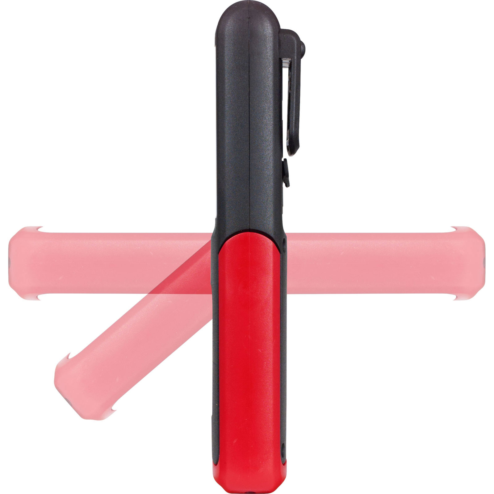 Czarno-czerwona lampa robocza z dwoma obracającymi się różowymi wiązkami światła. Lampa ma klips.