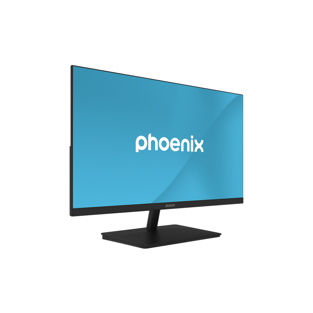 Un monitor de computadora negro con la palabra "phoenix" en la pantalla. La pantalla muestra un color azul brillante. El fondo es negro.