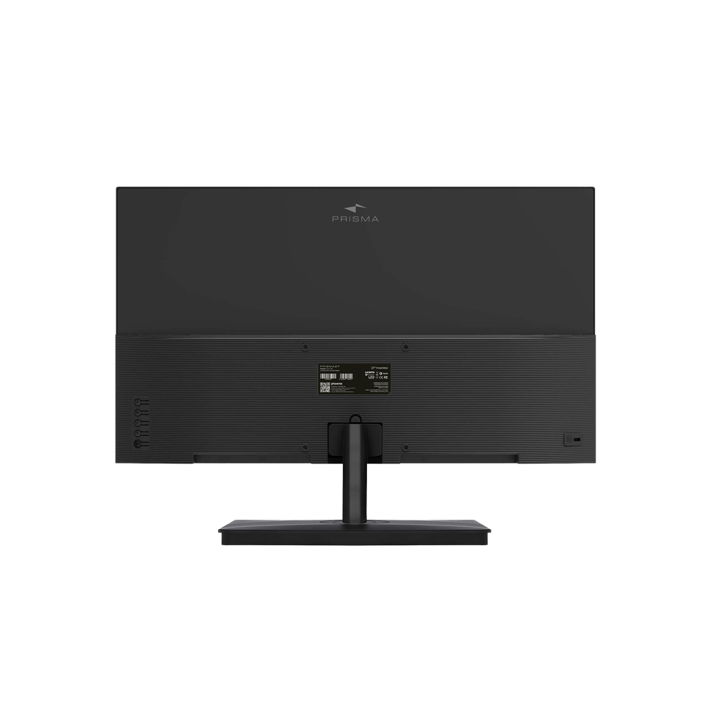Vista trasera de un monitor de computadora negro sobre un soporte negro. El monitor tiene el logotipo de Prisma y varios puertos.