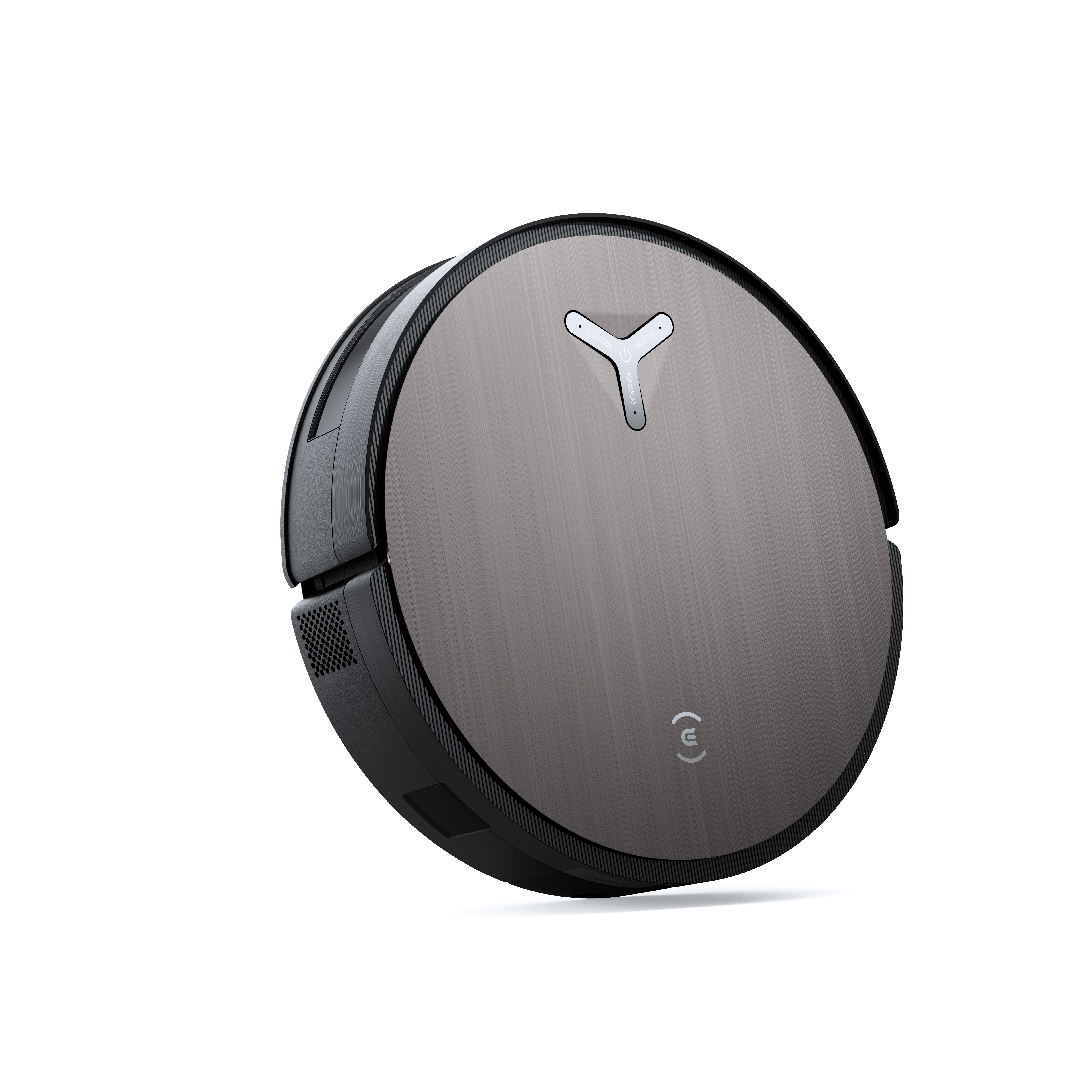 Srebrno-czarny robot odkurzający, z wykończeniem ze szczotkowanego metalu na górze. Ma przycisk zasilania i logo.