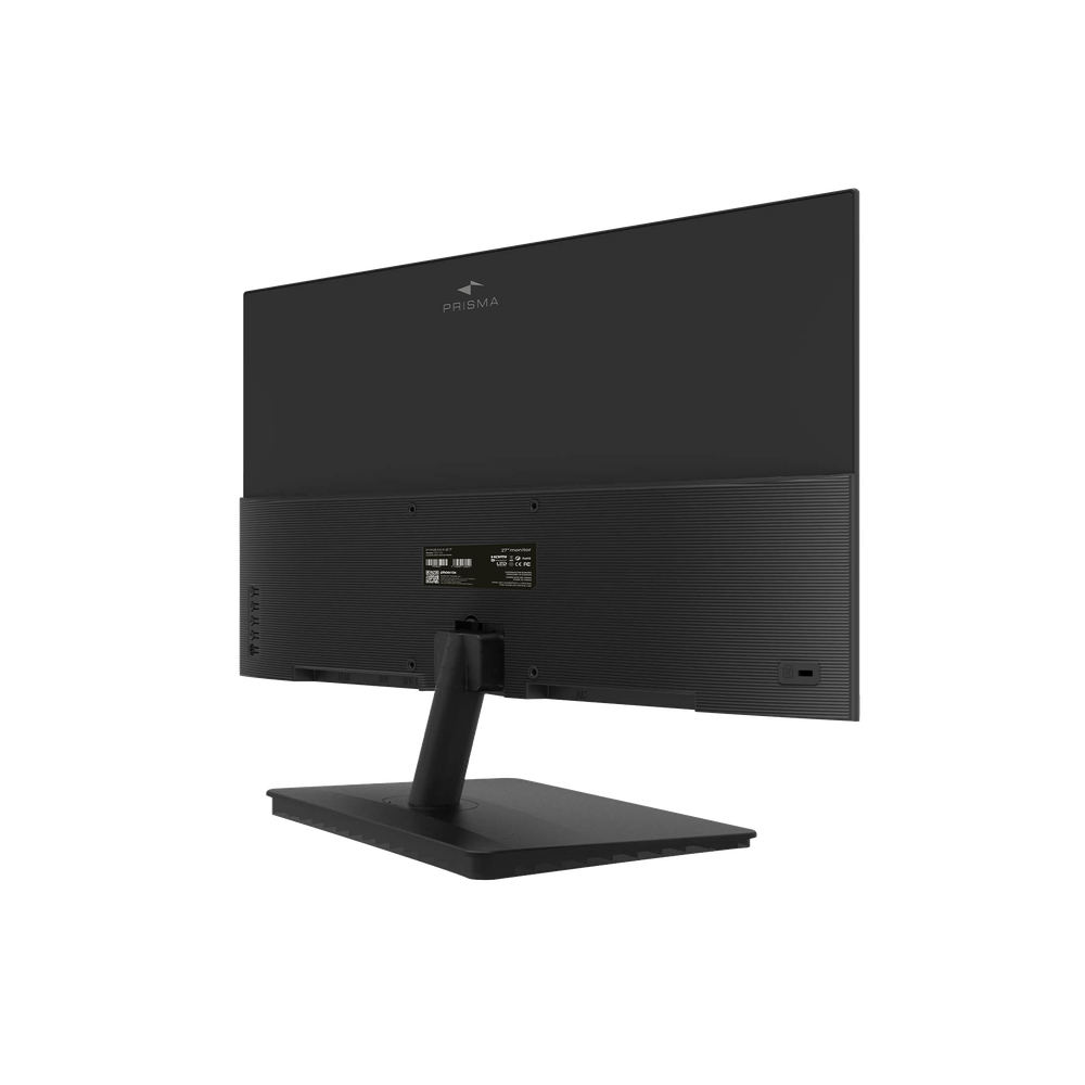Vista trasera de un monitor de computadora negro con soporte. El monitor tiene la marca 'PRISMA' en la parte superior.
