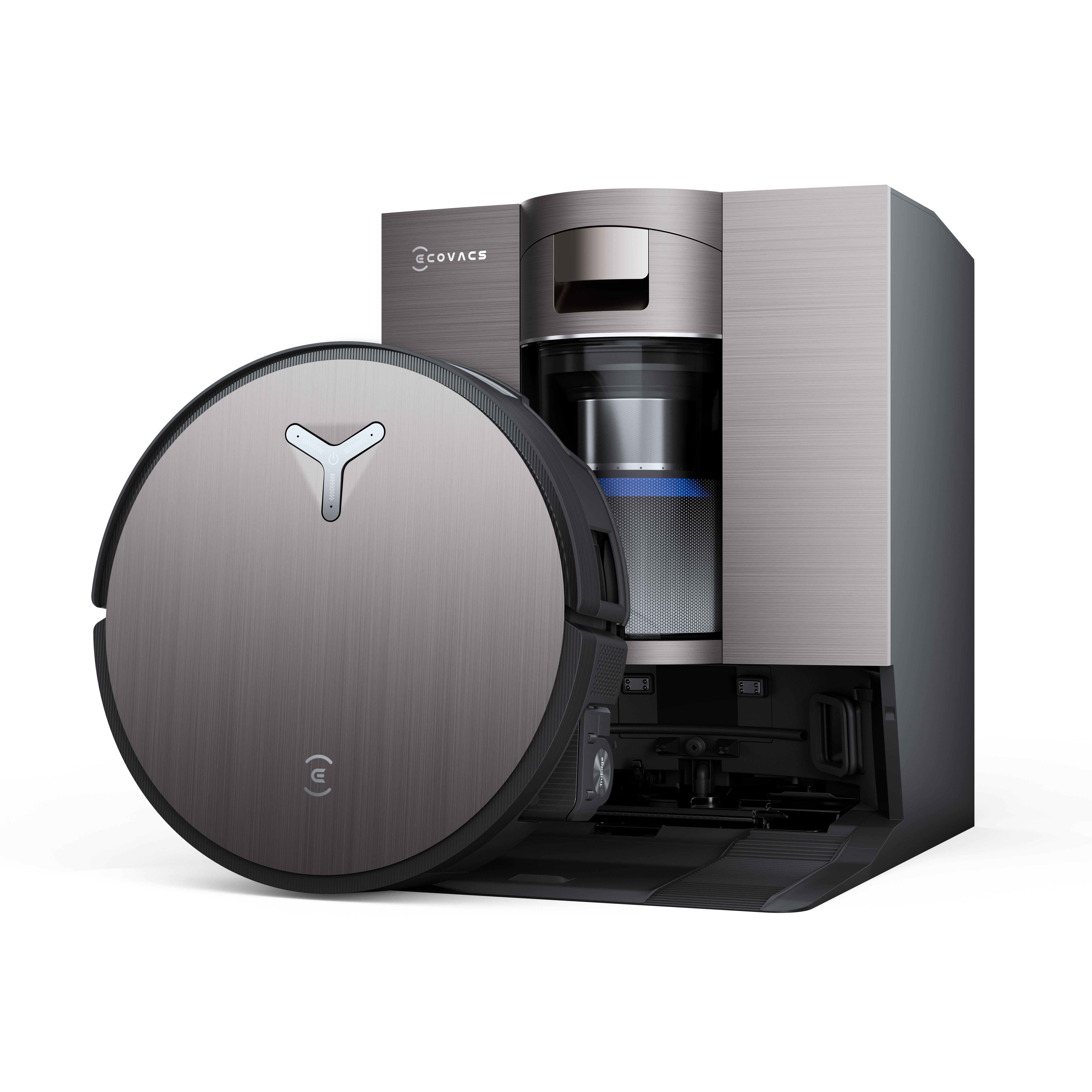 Robot odkurzający i jego stacja ładująca. Odkurzacz jest okrągły, szary i ma czarne wykończenie. Stacja jest srebrna i czarna.