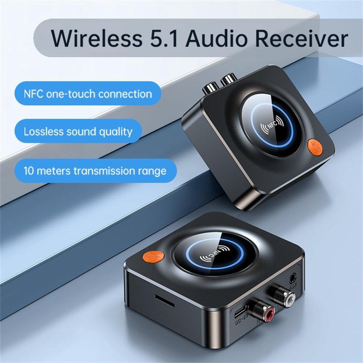 Two black wireless audio receivers. Features include NFC, lossless sound, and a 10-meter range. Orange buttons and blue accents are visible.