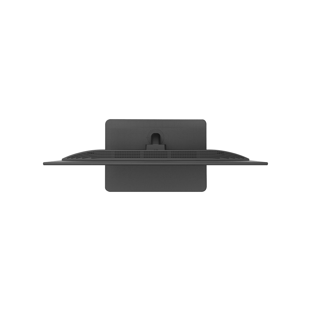 Vista superior de un monitor de computadora negro. La pantalla es curva, con un soporte en la parte trasera. El fondo es completamente negro.