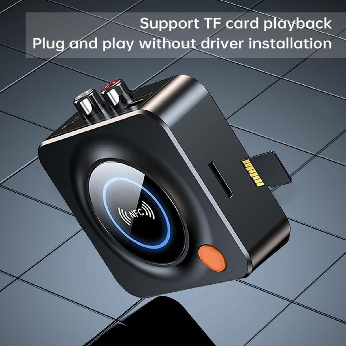 Black audio device with NFC symbol, orange button, TF card slot, and two input ports. Text reads: Support TF card playback.