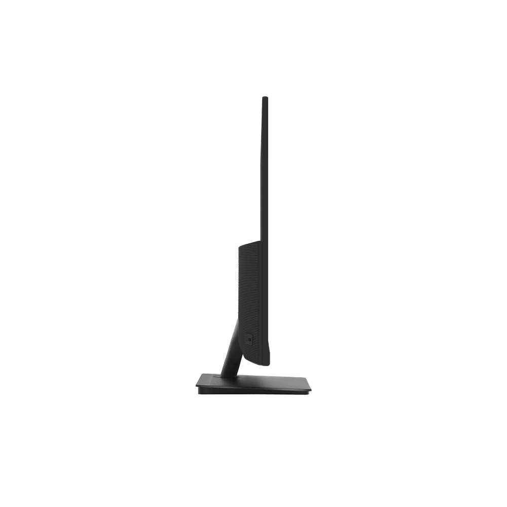 Un monitor de computadora negro visto de lado. Está sobre un soporte negro, sobre un fondo negro, con unos pocos puertos visibles.