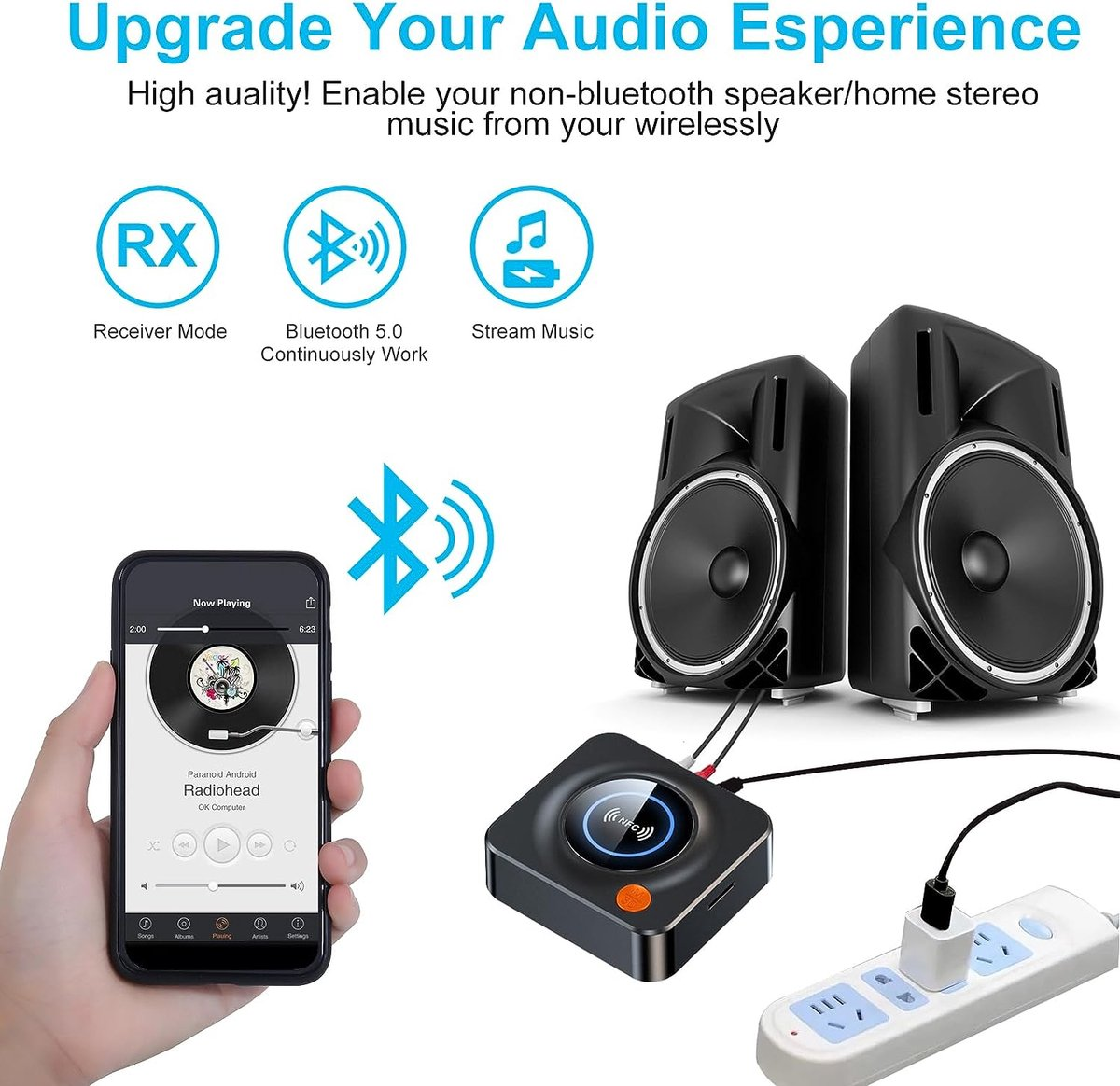 Image shows audio equipment including speakers, a receiver, and a phone playing music. It's connected to power. Bluetooth symbol is visible.