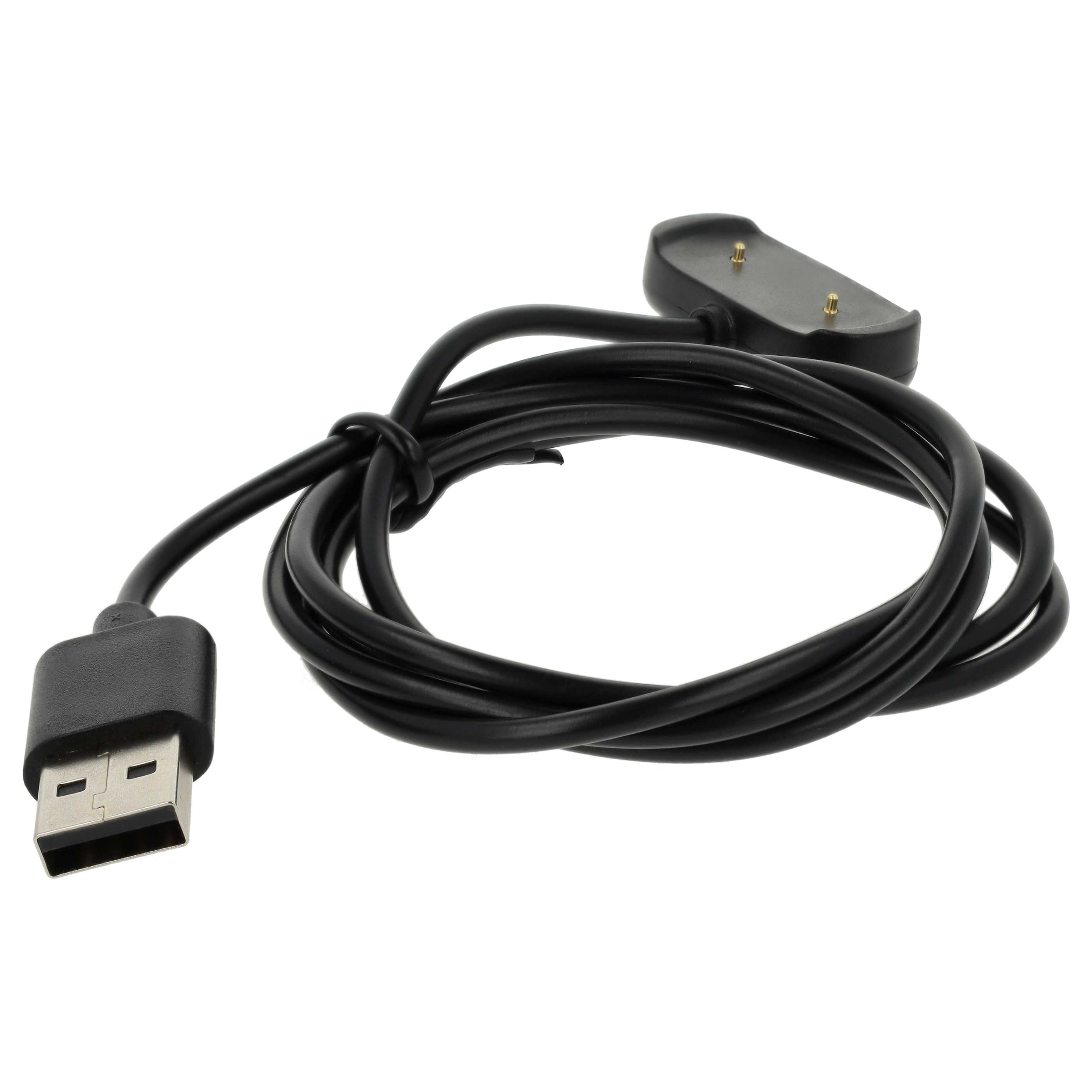 Ein schwarzes USB-Ladekabel mit USB-Anschluss und Ladebasis auf weißem Hintergrund.