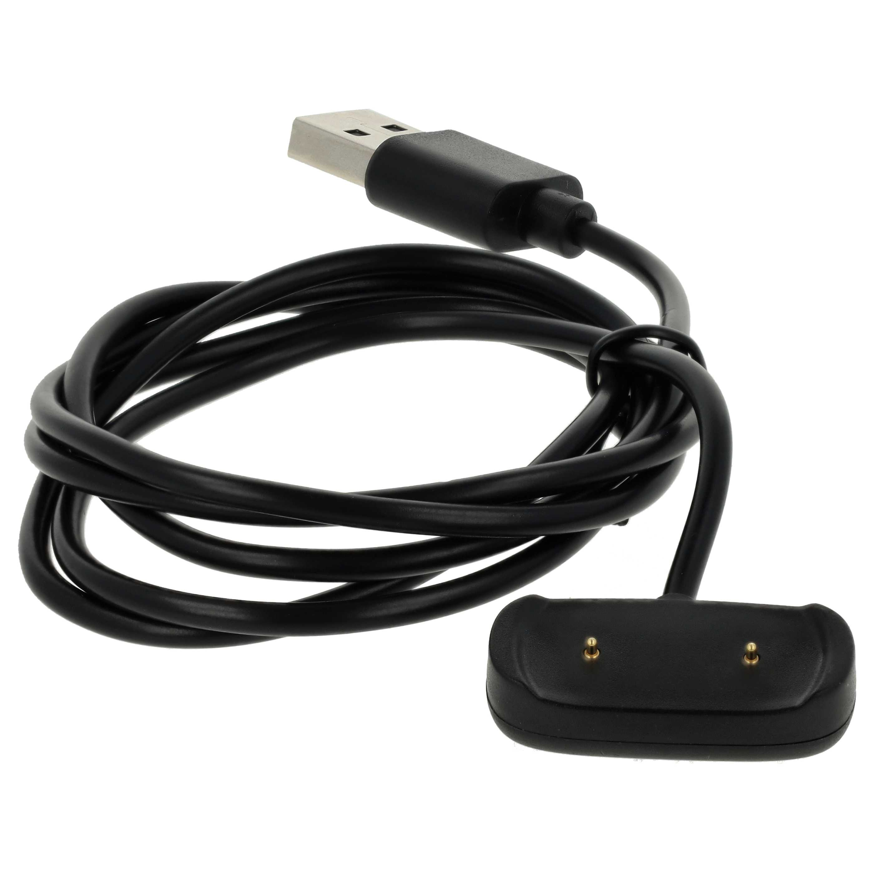 Schwarzes USB-Ladekabel, aufgerollt. Enthält USB-Ende und einen Ladekopf mit goldfarbenen Kontakten.