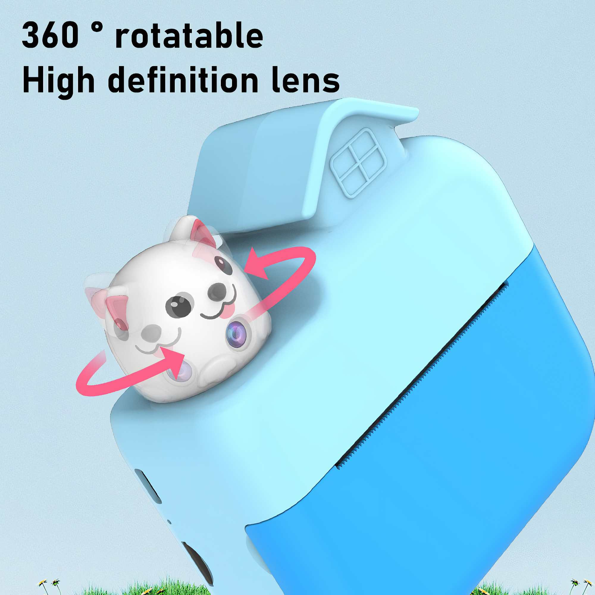 Eine blaue und weiße Kamera mit Katzengesicht, der Text lautet 360° drehbare hochauflösende Linse.
