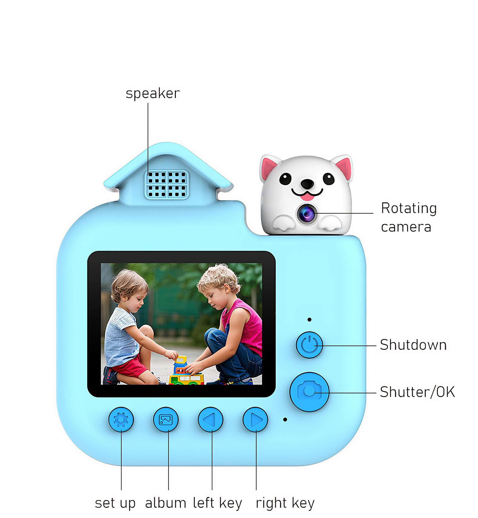 Eine hellblaue Kinderkamera mit einem Bildschirm, auf dem zwei Kinder mit Bauklötzen spielen. Sie hat Knöpfe und eine niedliche Hundekamera.