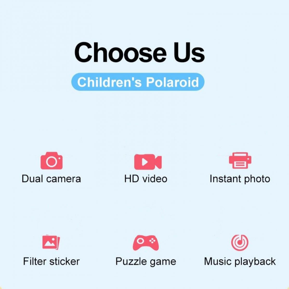 Hellblauer Hintergrund mit Text 'Choose Us'. Darunter Symbole und Text: Kamera, Video, Foto, Aufkleber, Spiel und Musik.