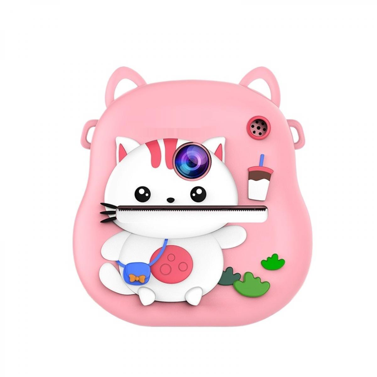 Eine rosa, katzenförmige Spielzeugkamera mit weißem Gesicht, einer blauen Tasche und einem Kaffee. Die Kameralinse befindet sich im Auge der Katze.