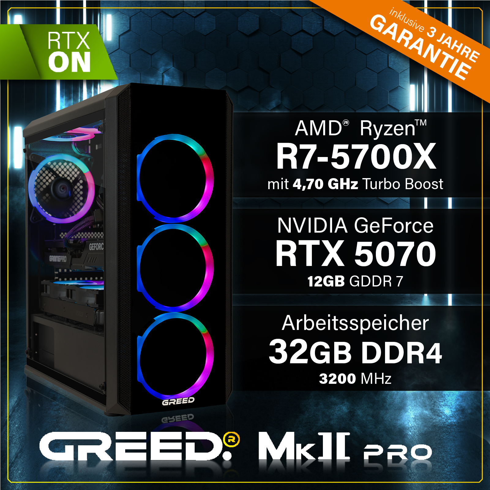 Czarna obudowa komputera z podświetleniem RGB oraz specyfikacją procesora AMD Ryzen, NVIDIA GeForce RTX 5070 i 32GB RAM.