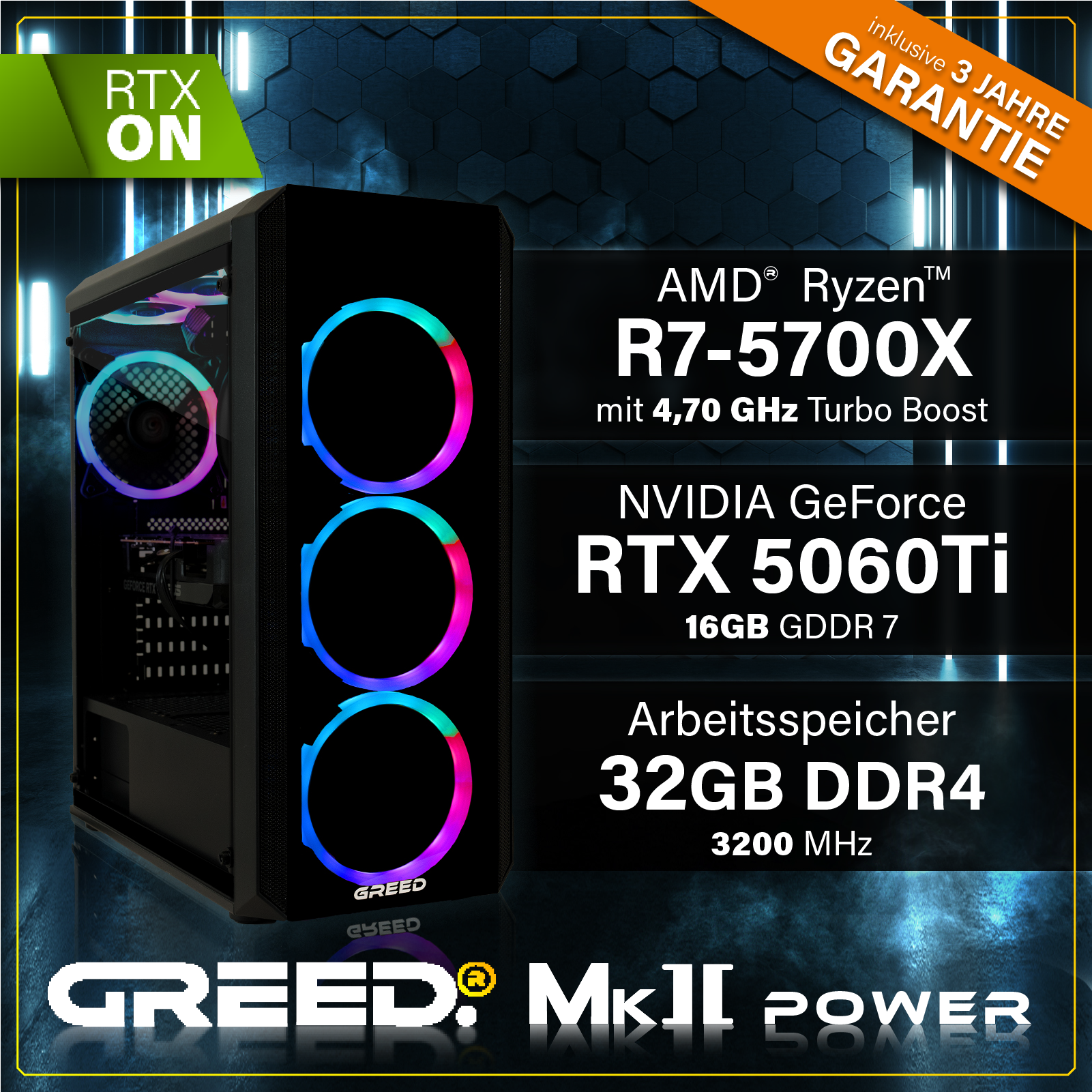 Komputer do gier z RTX, Ryzen i 32 GB RAM. Posiada wentylatory RGB i czarną obudowę z logo Greed.