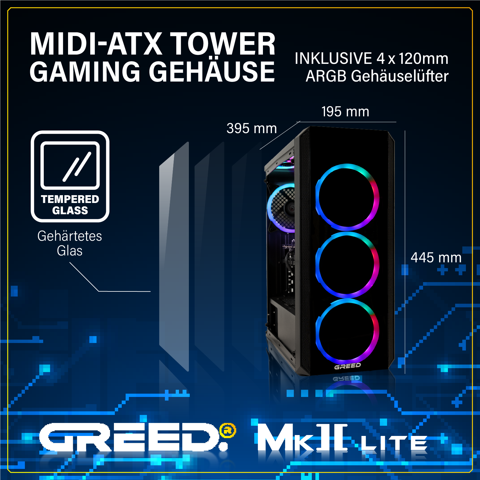 Czarna obudowa komputera ze światłami RGB. Wymiary są wyświetlane. Tekst zawiera 'Tempered Glass' i 'GREED'.