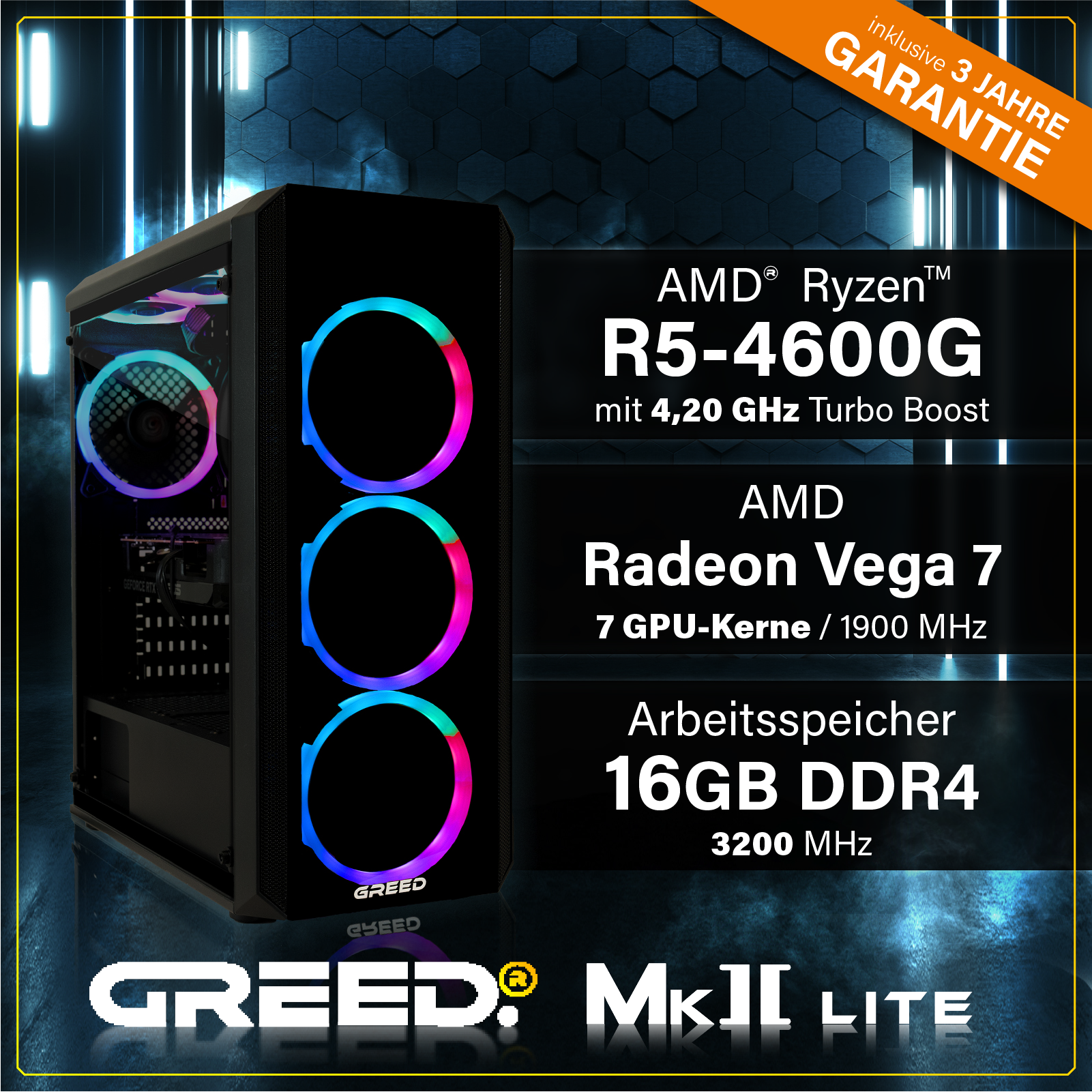 Czarna obudowa komputera z wentylatorami RGB. Tekst zawiera AMD Ryzen, Radeon Vega 7, 16GB DDR4 i Greed MkII Lite.