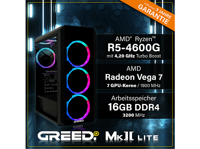 PC Gaming | GREED MK2 AMD Lite, AMD Ryzen 5 4600G, 16 GB RAM, 512