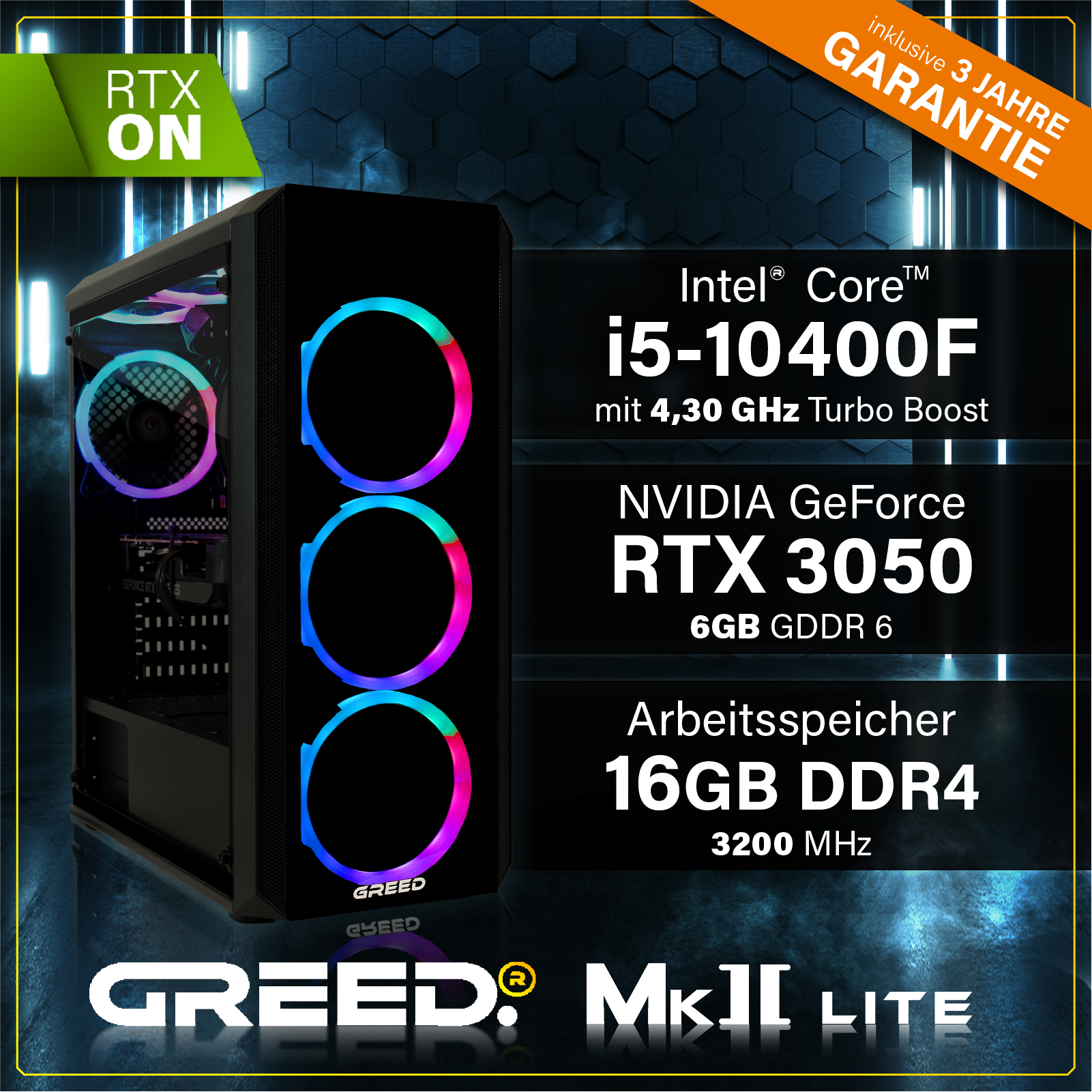 Obudowa komputera do gier z wentylatorami RGB, grafiką RTX 3050, procesorem Intel i5 i 16 GB RAM. Obudowa ma logo 'GREED'.