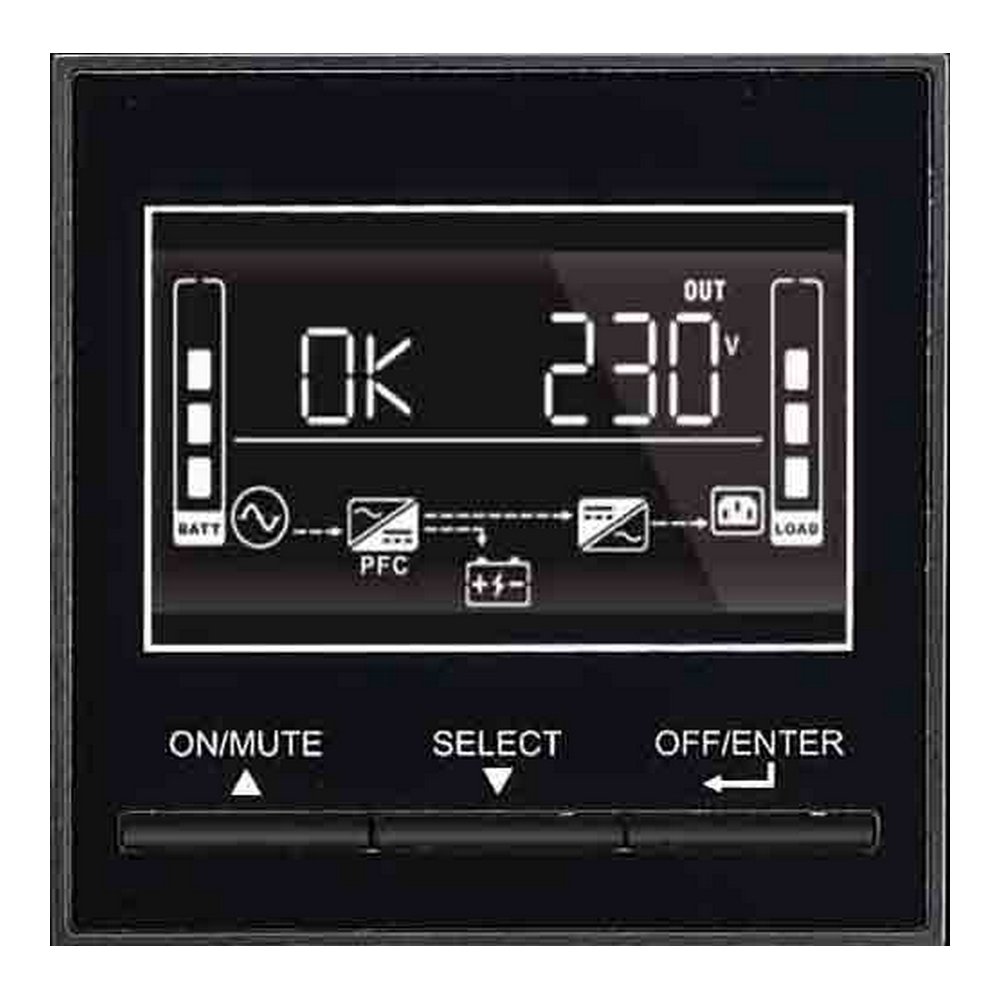 Pannello nero con LCD che mostra 'OK', '230V', indicatori batteria e carico, e pulsanti funzione 'ON/MUTE', 'SELECT' e 'OFF/ENTER'.