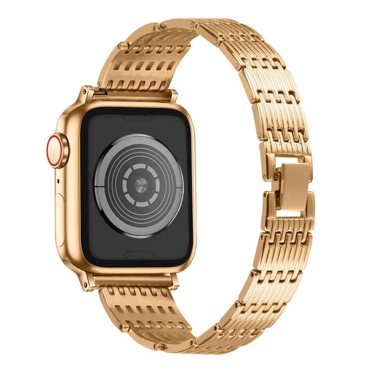 Apple Watch dorato con cinturino in metallo dorato, che mostra il retro dell'orologio con schermo nero. Il cinturino è staccato.