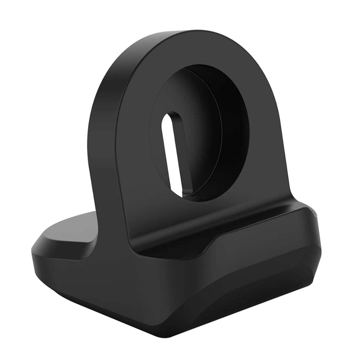 Un support de charge noir pour Apple Watch. Il a un dessus incurvé avec une fente et une base.