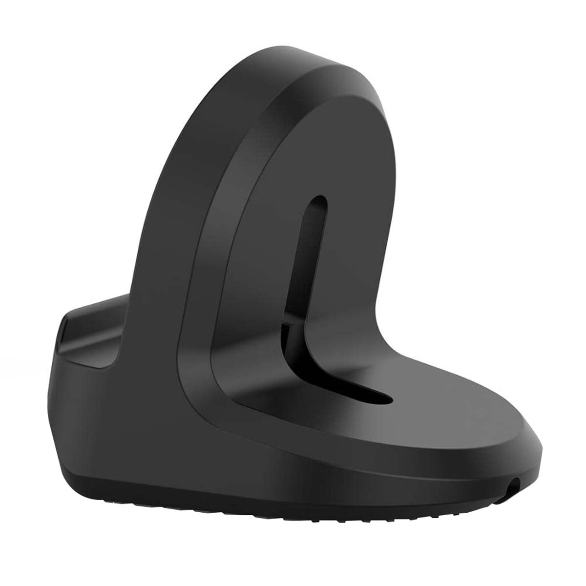 Un support de chargement noir et incurvé pour une montre intelligente. Il a un dessus circulaire avec une fente et une base plate.