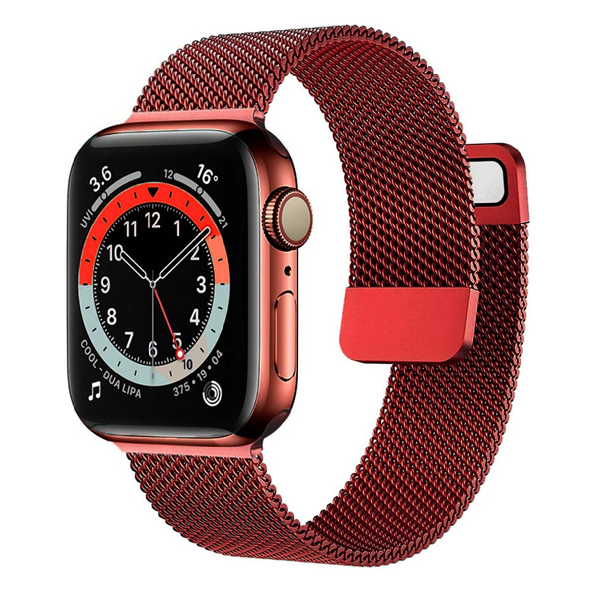 Un Apple Watch rosso con un cinturino abbinato è in mostra, mostrando l'ora. Il quadrante è nero con numeri e lancette bianche.