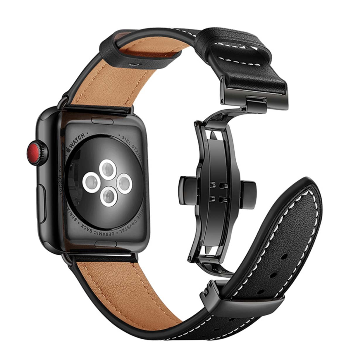 Apple Watch nera con cinturino in pelle nera. L'orologio è aperto, mostrando il retro. Il cinturino ha cuciture bianche.