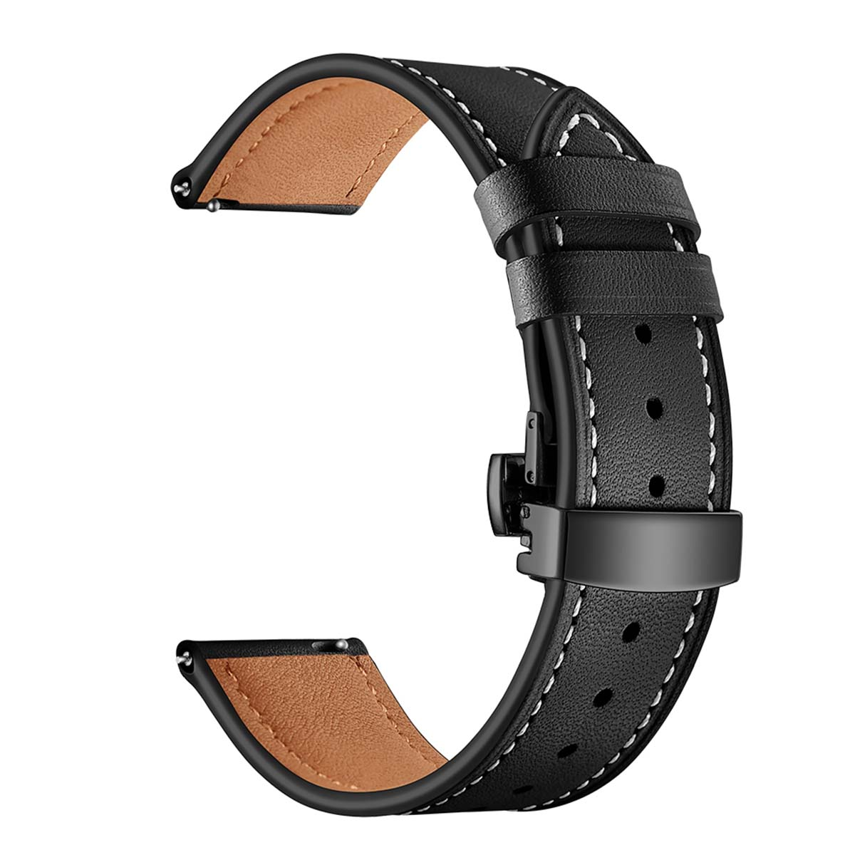 Cinturino per orologio in pelle nera con cuciture bianche e interno marrone. Ha chiusura e fibbia nere.