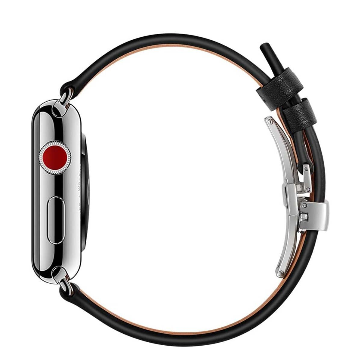 Un Apple Watch argentato con cinturino in pelle nera. Il quadrante ha un punto rosso. Il cinturino ha una chiusura argentata.