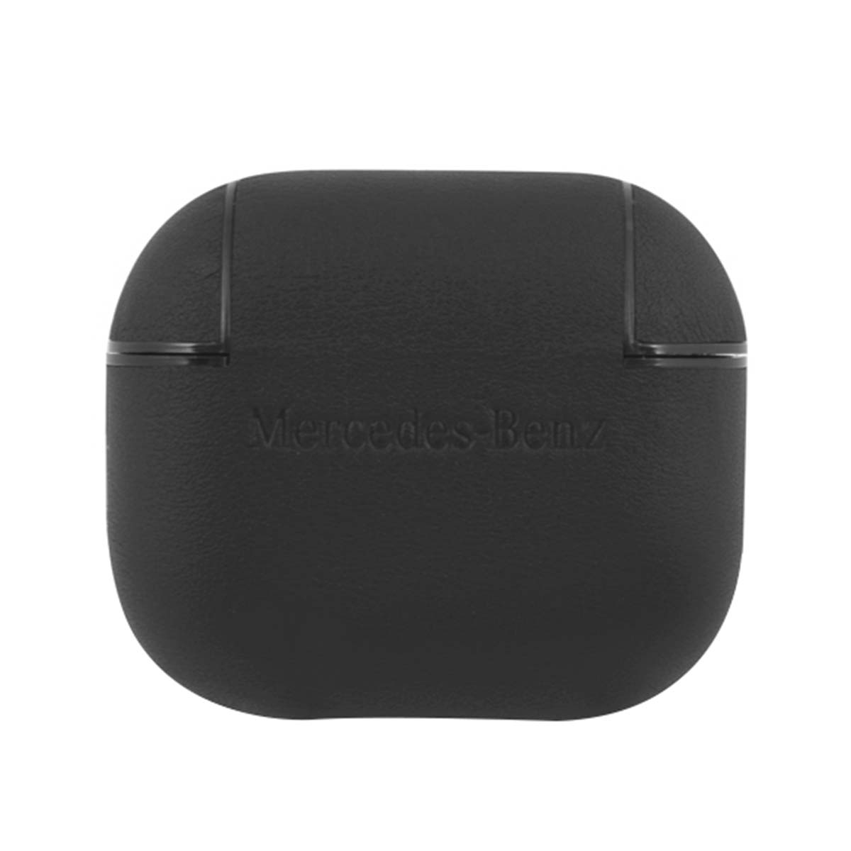 Schwarzes Mercedes-Benz AirPods-Etui. Das Etui ist oval und trägt den Markennamen auf der Vorderseite.