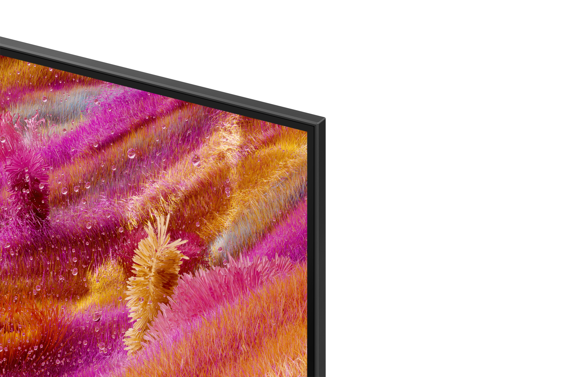 Zbliżenie ekranu telewizora z abstrakcyjnym wzorem z różowymi, pomarańczowymi i żółtymi teksturami, przypominającymi teksturowane włókna z kroplami wody.