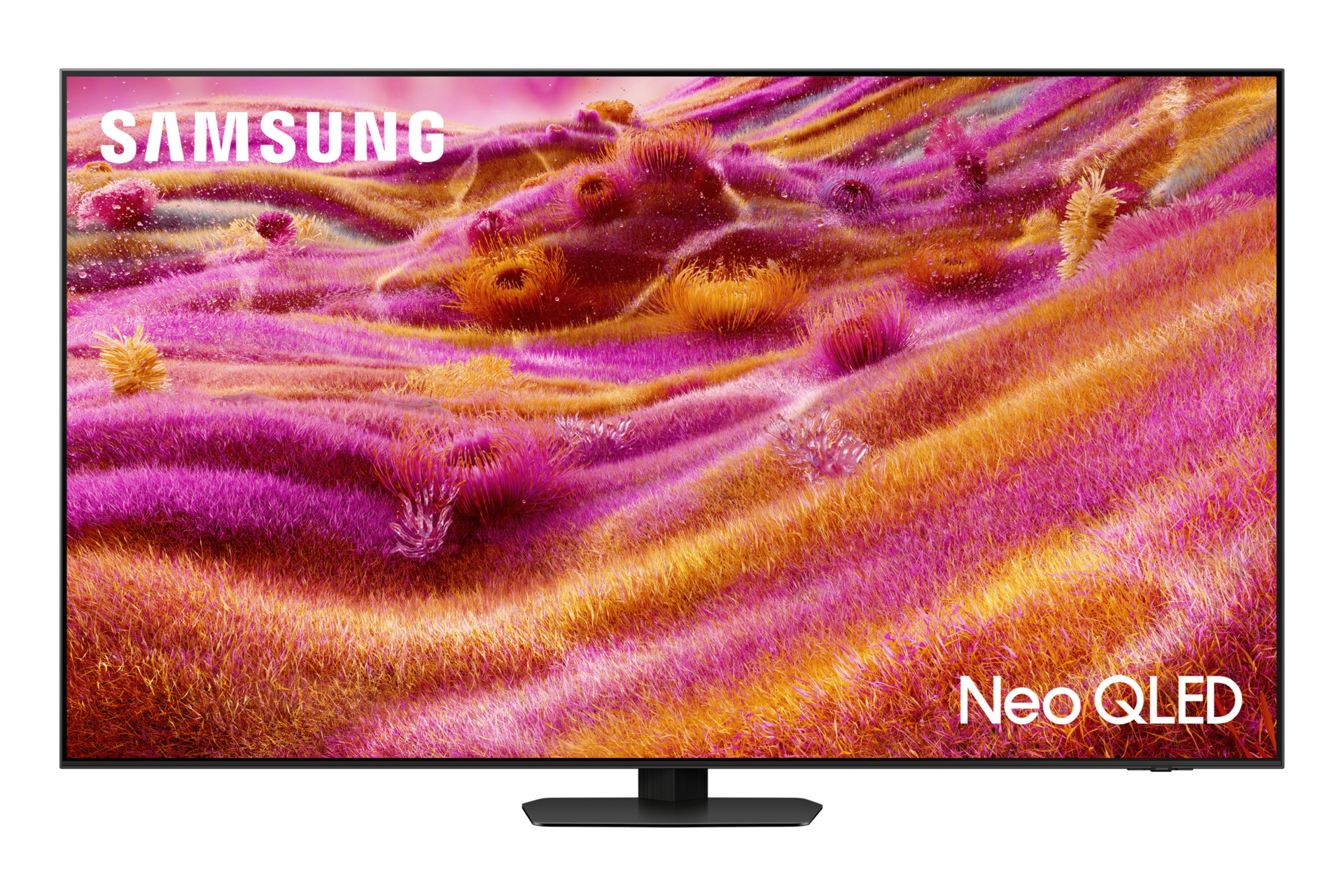 Telewizor Samsung Neo QLED wyświetla kolorowy, abstrakcyjny krajobraz w kolorach różowym, pomarańczowym i żółtym. Logo Samsunga jest na górze.