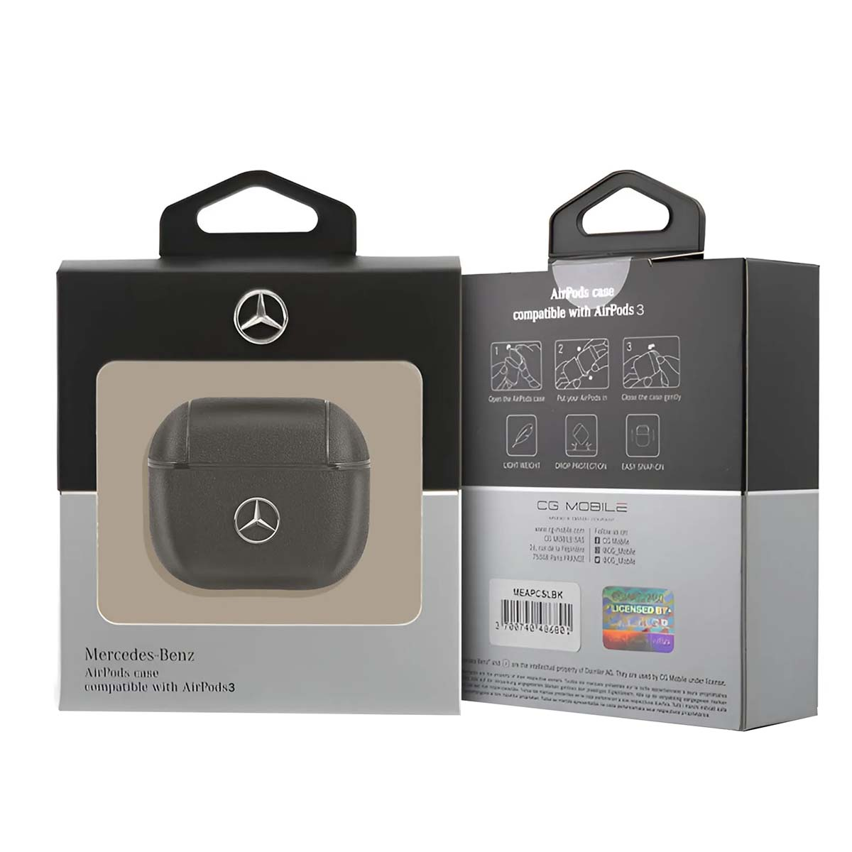 Eine schwarze Mercedes-Benz AirPods-Hülle-Box. Sie hat das Mercedes-Logo. Text sagt: 'kompatibel mit AirPods 3'.