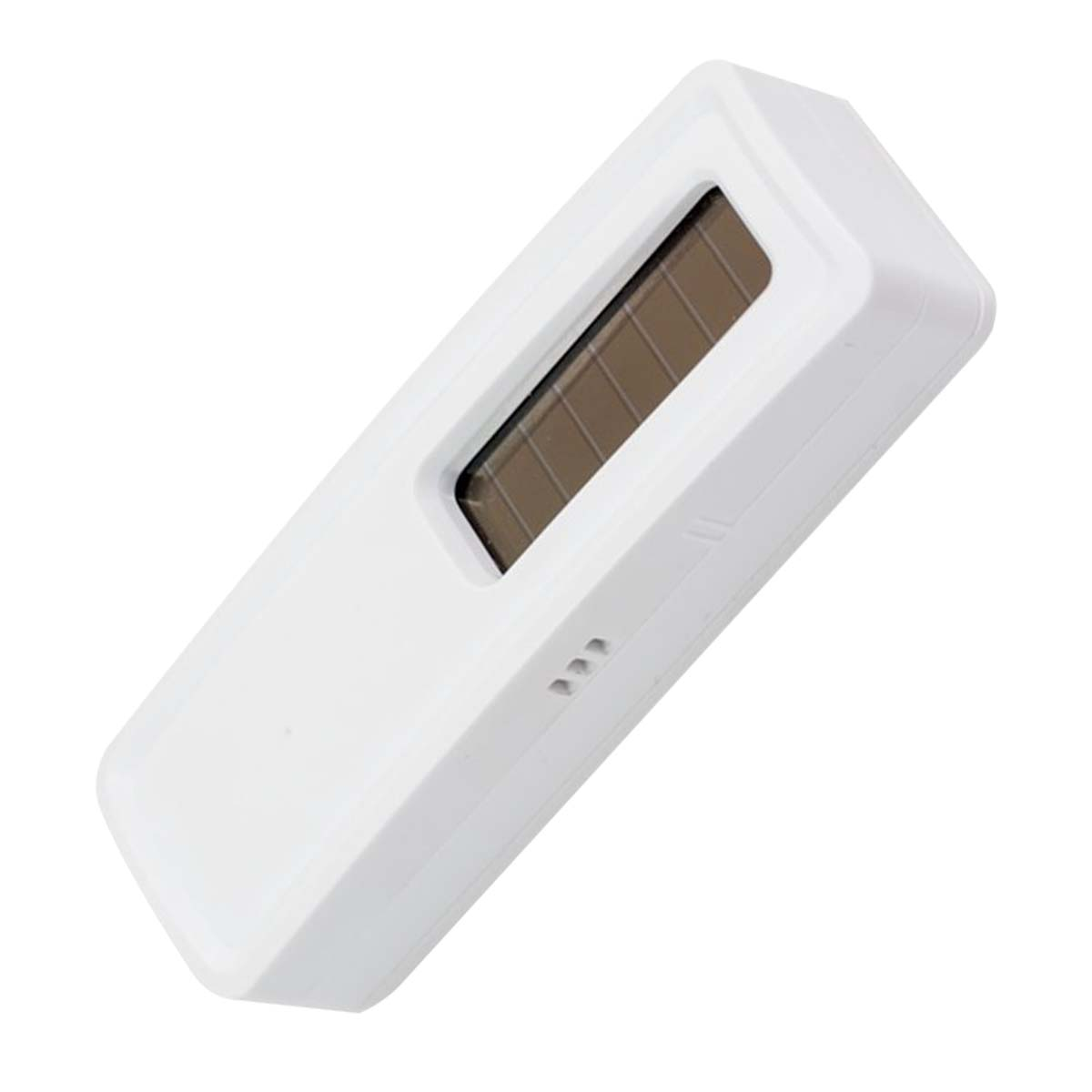Un dispositivo rettangolare bianco con un display rettangolare scuro. Tre piccoli triangoli in basso.