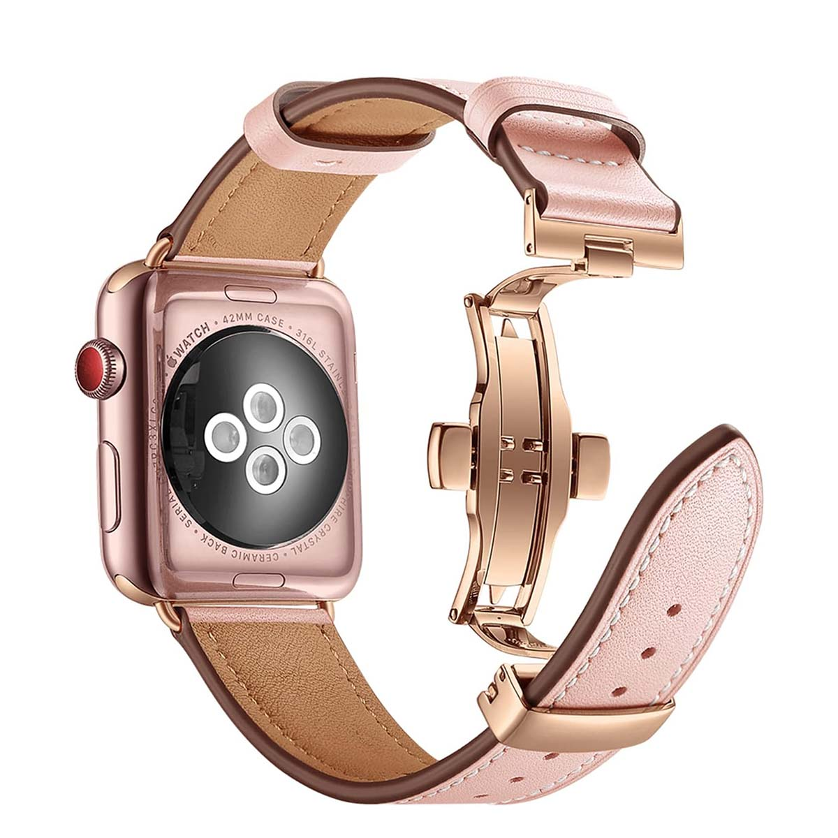Apple Watch oro rosa con cinturino in pelle rosa. L'orologio è parzialmente aperto, mostrando la chiusura. Il quadrante è nero.