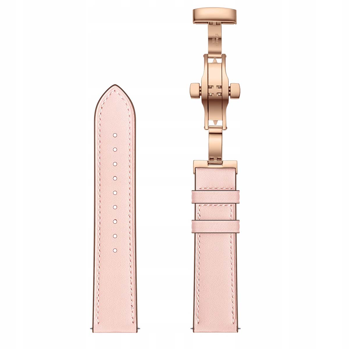 Due cinturini e una chiusura. Un cinturino ha fori, l'altro una chiusura metallica. Entrambi i cinturini sono rosa.