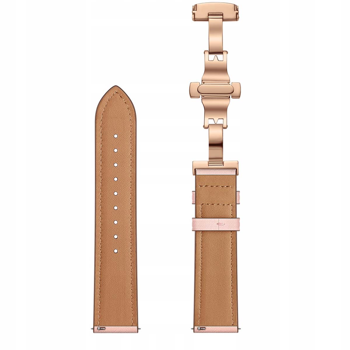 Un cinturino dell'orologio, staccato. Ha un cinturino in pelle marrone con cuciture e una chiusura e parti metalliche in oro rosa.