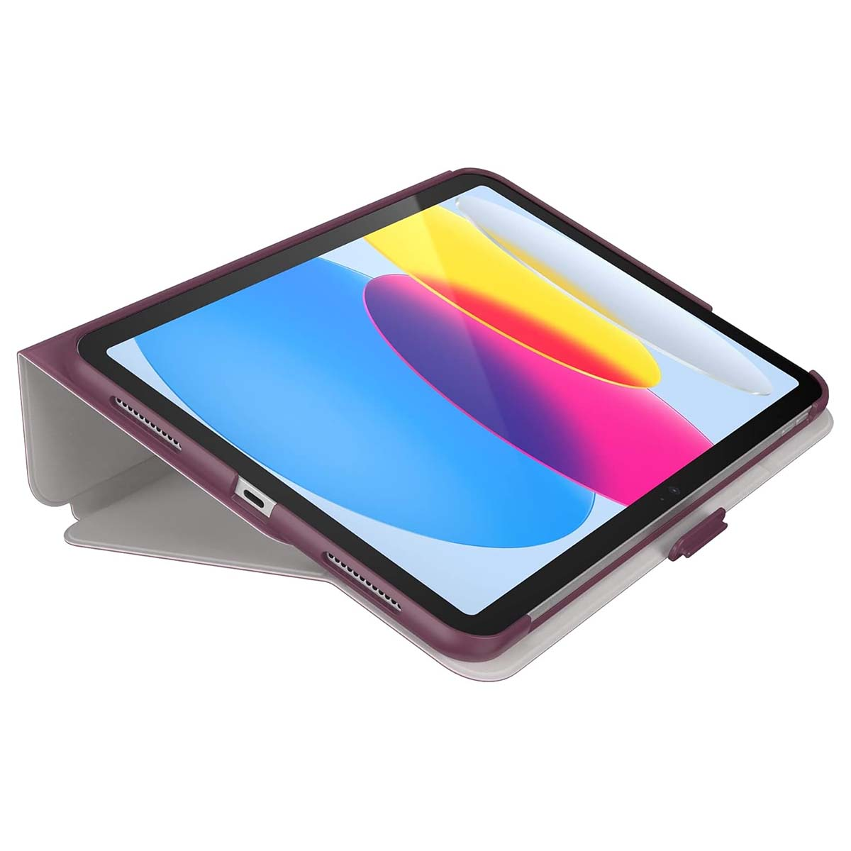 Ein Tablet in einer weinroten Hülle. Der Bildschirm zeigt blaue, gelbe und rosa Farben. Die Hülle ist geöffnet und zeigt das Innere.