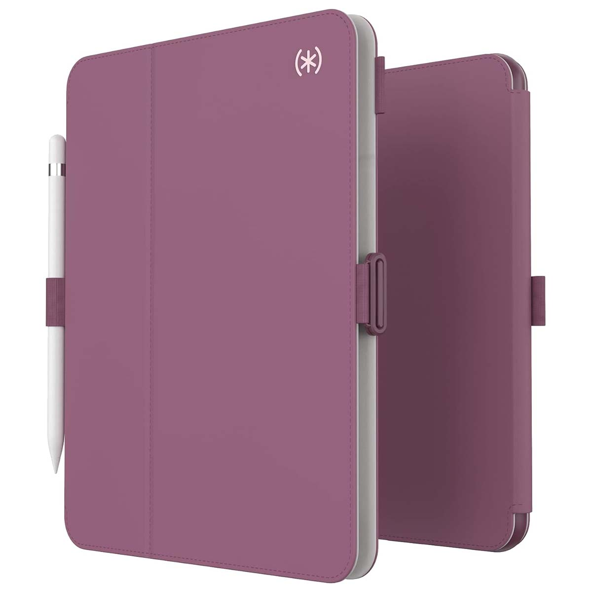 Eine lila Tablethülle mit Stift und passendem Cover. Das Tablet ist zur Seite geöffnet. Die Hülle hat ein Logo.