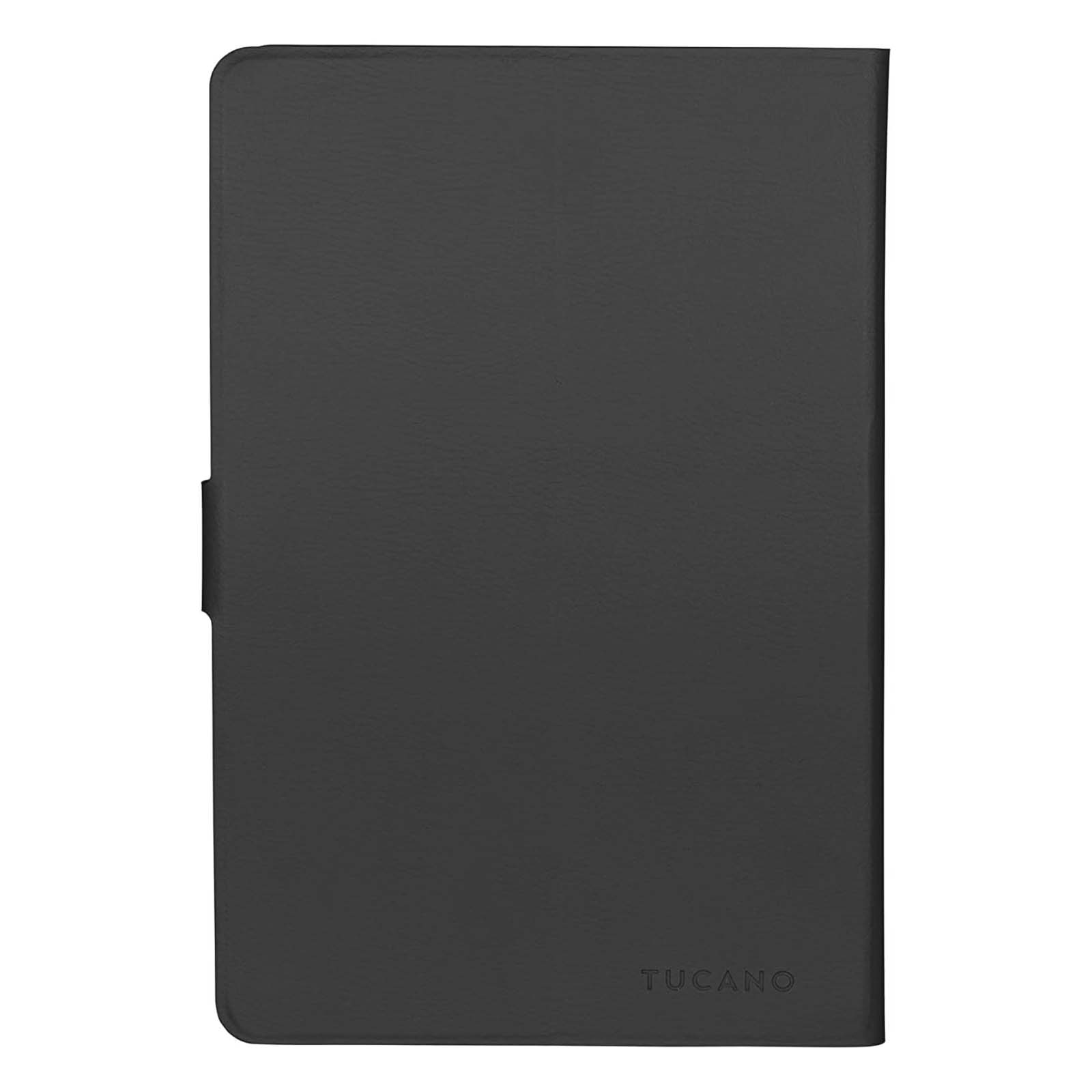 Una custodia nera per tablet con il marchio 'Tucano' in basso.