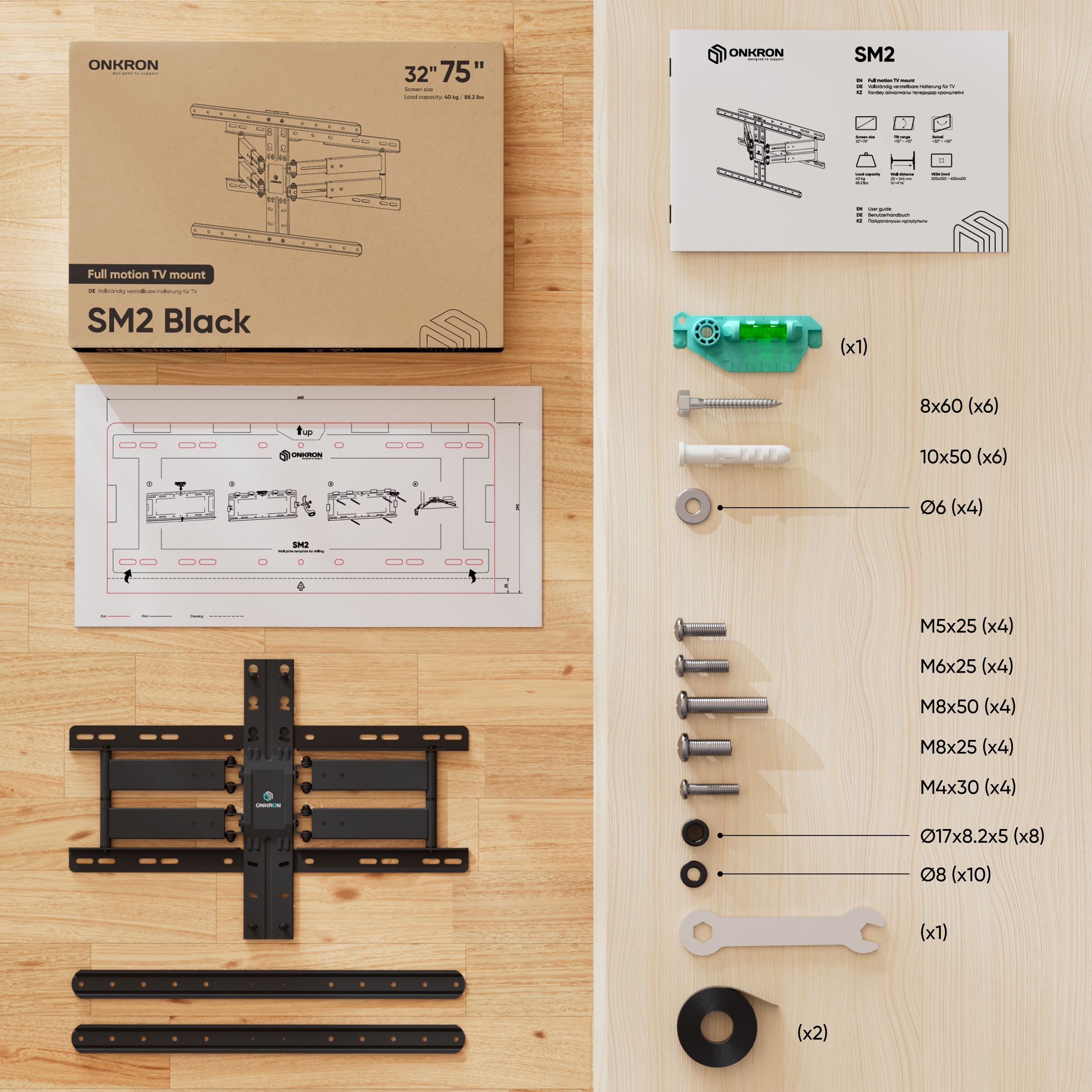 Zestaw do montażu TV z instrukcjami, częściami i narzędziami na drewnie, w tym poziomica, śruby i klucz.