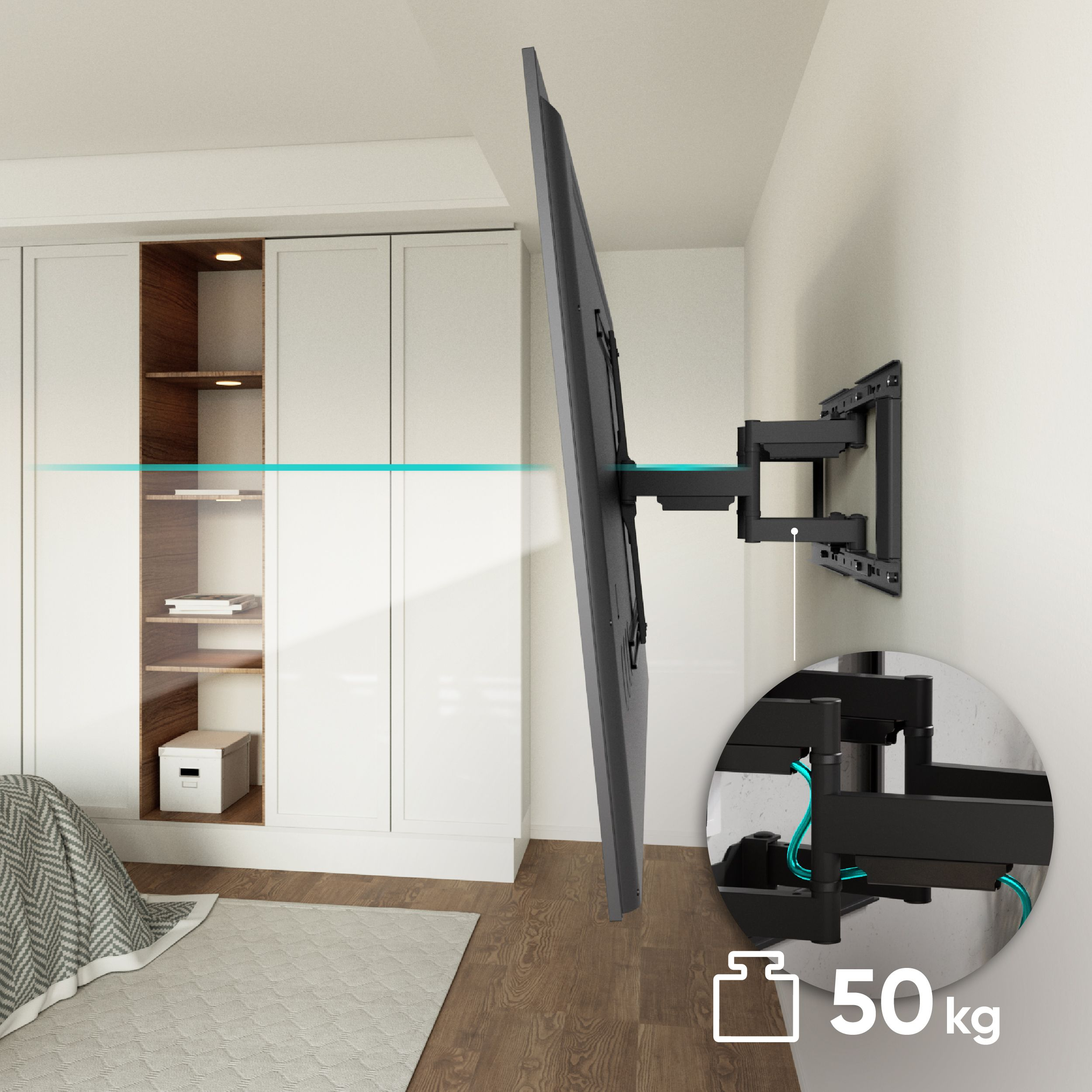 Duży telewizor zamontowany na czarnym wsporniku na białej ścianie. Zbliżenie pokazuje szczegóły wspornika i udźwig 50 kg.