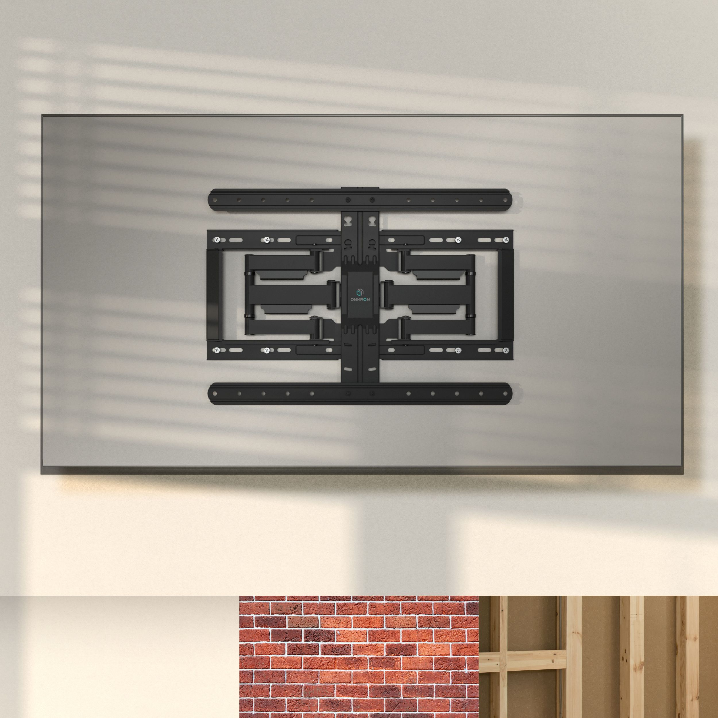 Czarny uchwyt do telewizora jest przymocowany do ściany. Obraz zawiera ceglaną ścianę i drewnianą ramę.