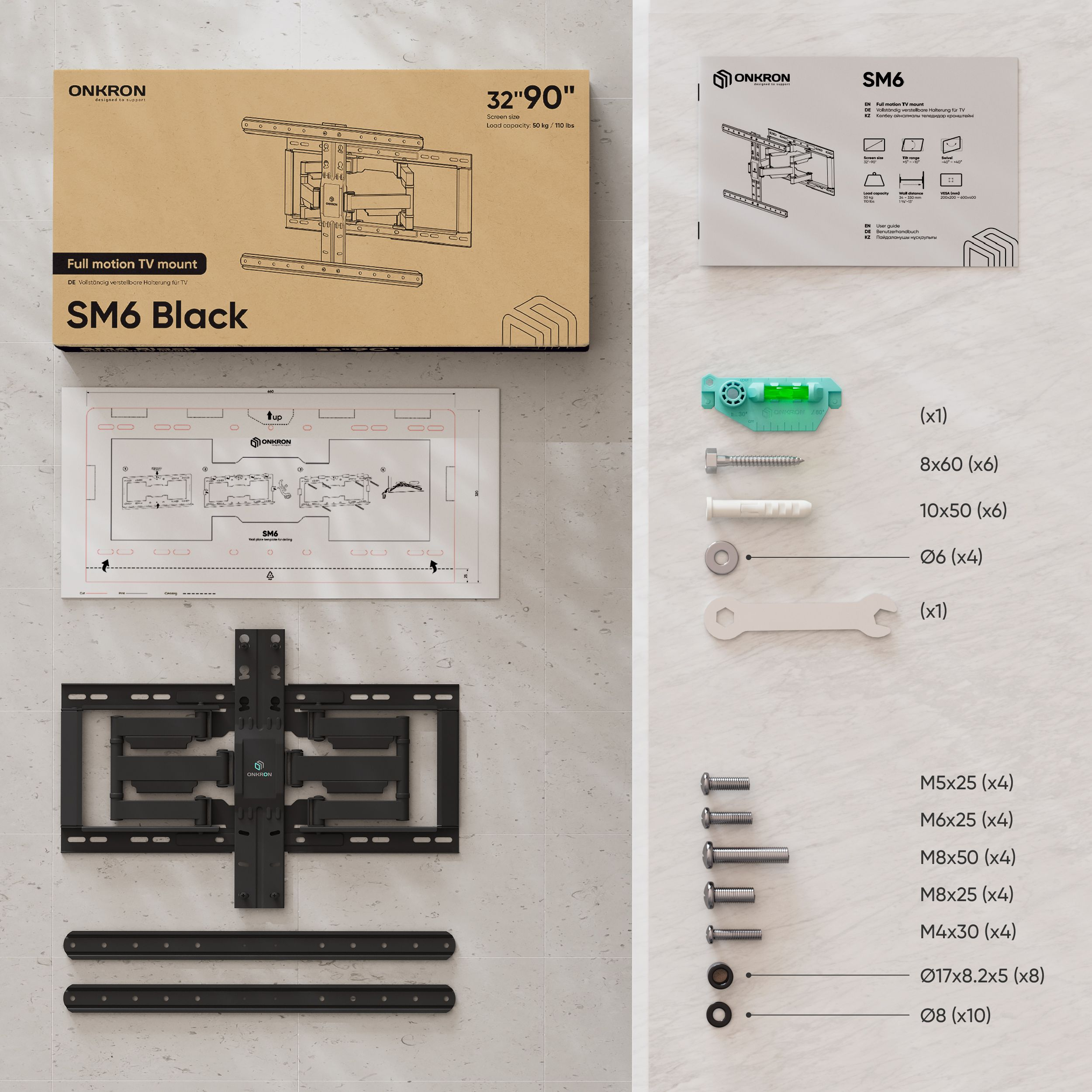 Zestaw do montażu TV z komponentami, instrukcjami i osprzętem montażowym na powierzchni płytek.