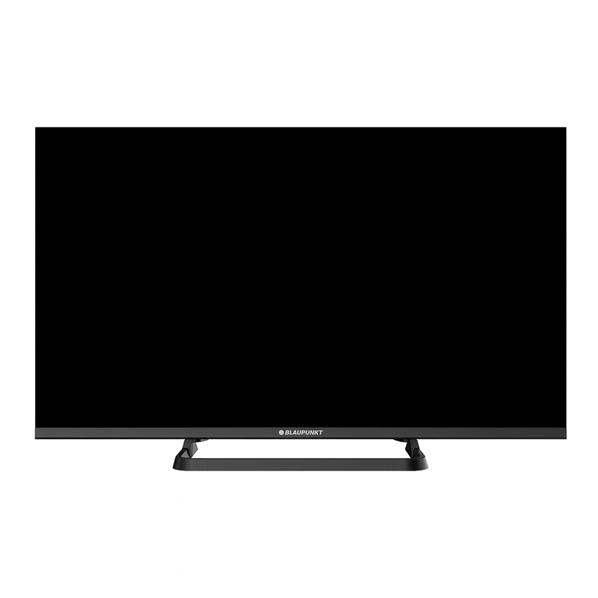 Duży, czarny telewizor Blaupunkt z czarną ramką i podstawą. Ekran jest wyłączony. Logo marki jest widoczne na dole.