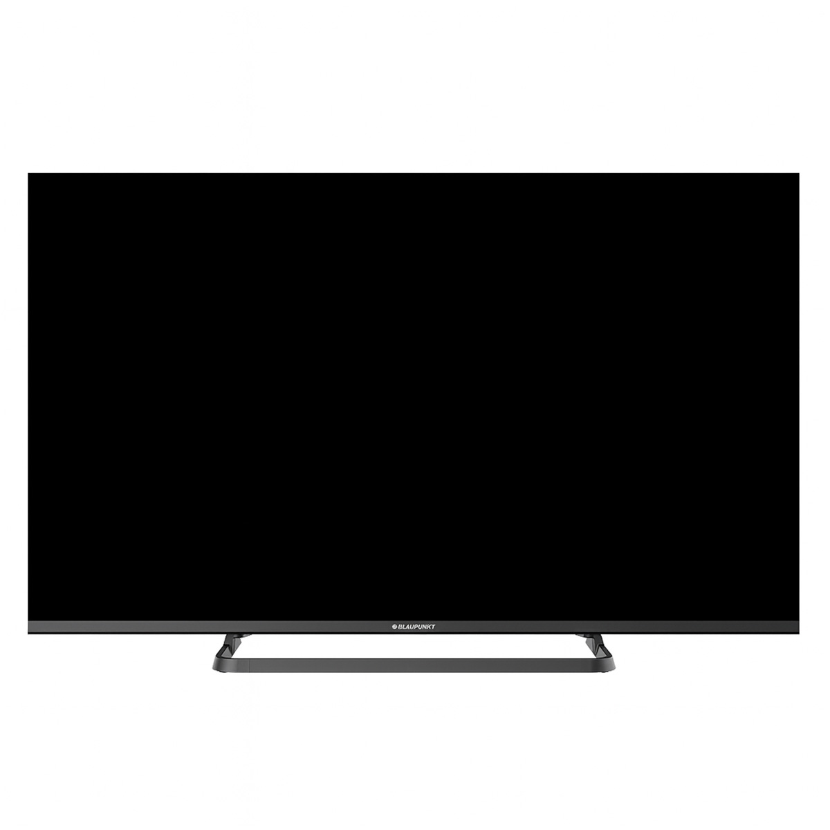 Wyświetlany jest czarny telewizor Blaupunkt. Ekran jest czarny, ze srebrną podstawą. Widoczna jest nazwa marki.