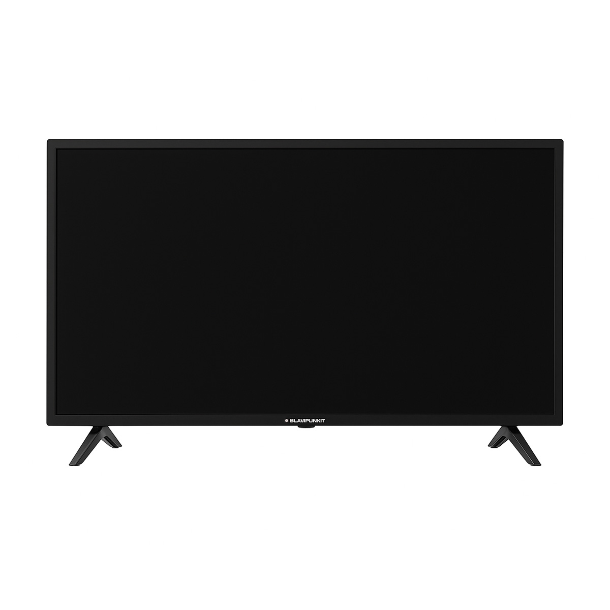 Un televisore Blaupunkt nero con schermo nero e due gambe nere. Il marchio è visibile in basso.